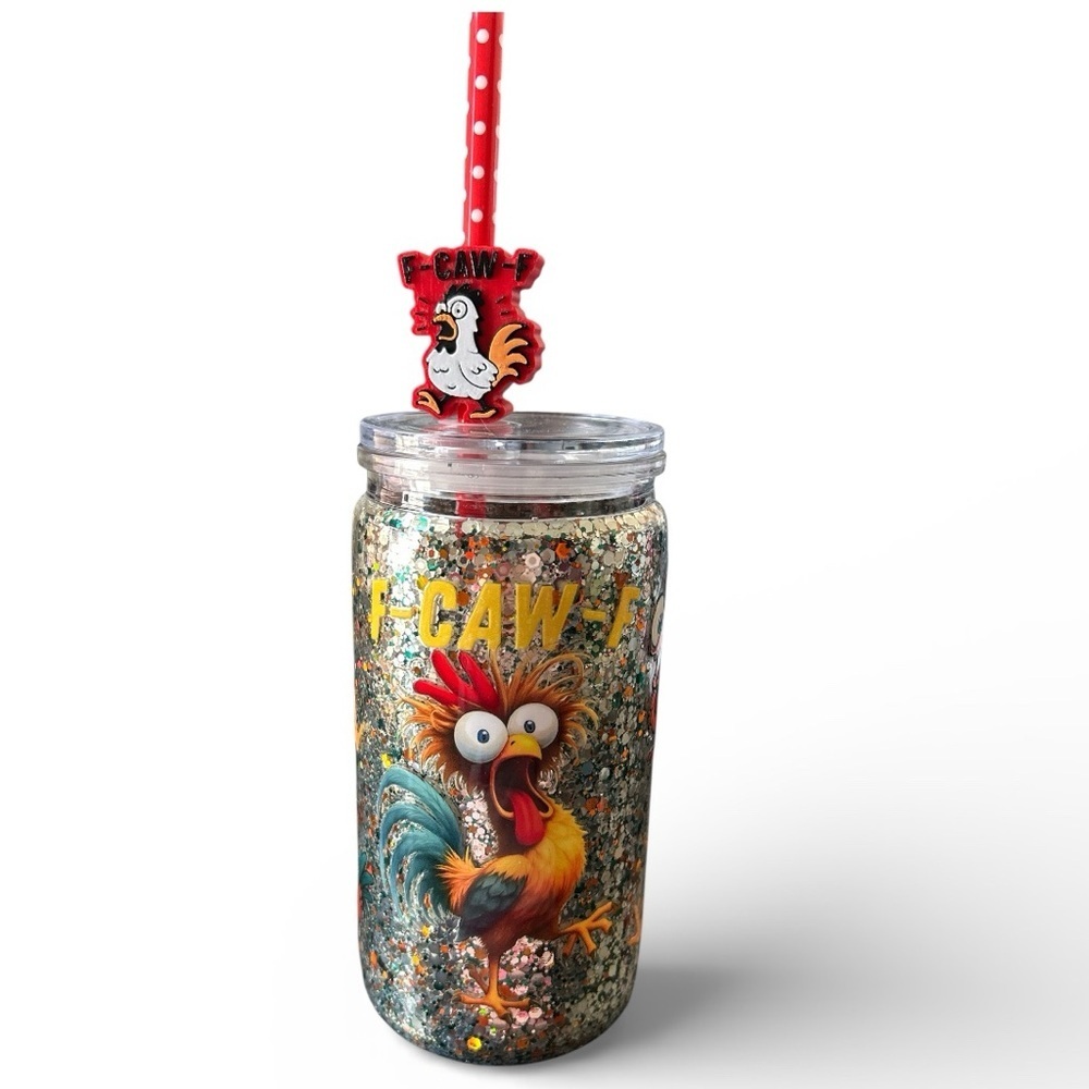 F-CAW-F Chicken 16oz Double-Walled Acrylic Glitter Tumbler with Straw Buddy